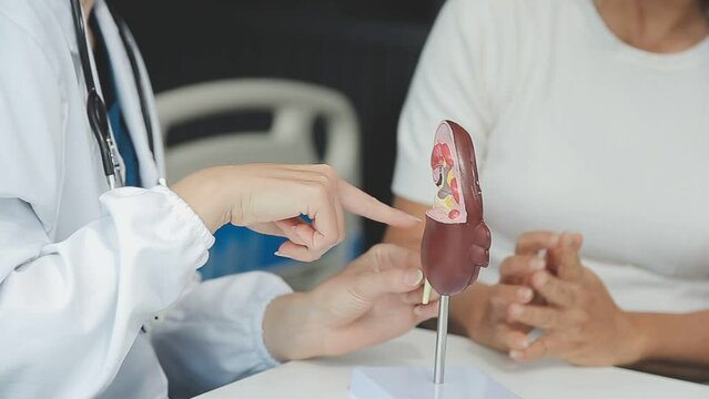Doctor with human Pancreatitis anatomy model with Pancreas, Gallbladder, Bile Duct, Duodenum, Small intestine. Pancreatic cancer, Acute and Chronic pancreatitis, Digestive system and Health concept
