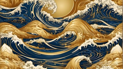 Waves of the golden ocean in a vector design. Japanese-style backdrop, abstract art sea, and water embellishment. Gorgeous banner featuring a landscape image and an opulent shape. - obrazy, fototapety, plakaty