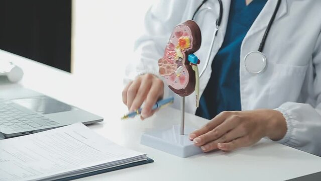 Doctor with human Pancreatitis anatomy model with Pancreas, Gallbladder, Bile Duct, Duodenum, Small intestine. Pancreatic cancer, Acute and Chronic pancreatitis, Digestive system and Health concept