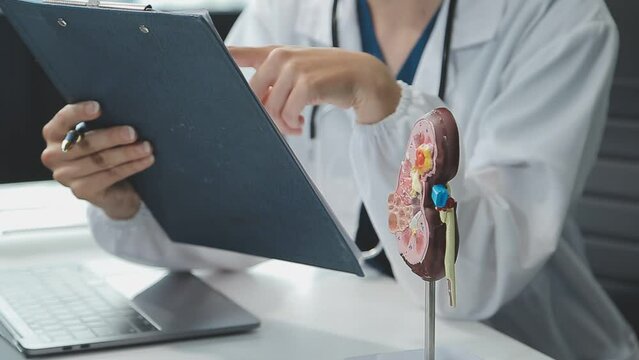 Doctor with human Pancreatitis anatomy model with Pancreas, Gallbladder, Bile Duct, Duodenum, Small intestine. Pancreatic cancer, Acute and Chronic pancreatitis, Digestive system and Health concept