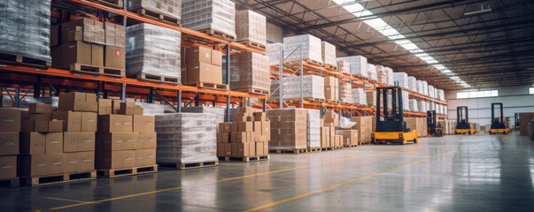 Large warehouse with shelves full of goods in sunny backlight