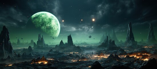 Alien Landscape with Green Moon