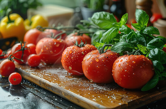 Tomatoes on a wooden tray. Created with Ai