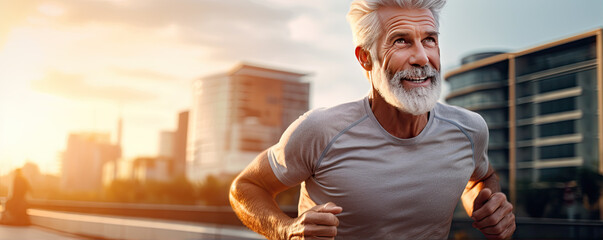 Senior old man in fitness wear listening music
