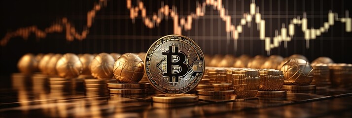 Bitcoin gold coins on chart, blockchain blockchain tech, digital currency mining concept - obrazy, fototapety, plakaty