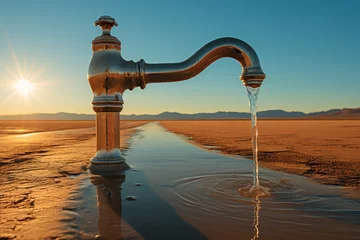 Foto op Plexiglas A chrome tap sticks out of the golden desert sand. The water flowing from the spout creates a small stream and depressions around it. © Наталья Бойко