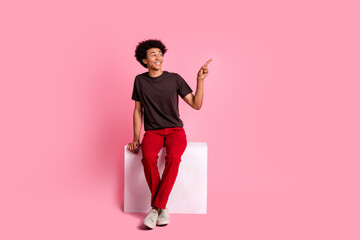 Full body size photo of young curly hair cheerful man sit podium pointing finger select clothes brand ad isolated on pink color background