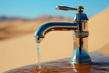 Foto op Aluminium A chrome tap sticks out of the golden desert sand. The water flowing from the spout creates a small stream and depressions around it. © Наталья Бойко