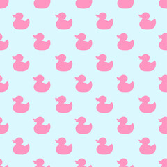 pink rubber duck on blue background. Seamless pattern. Texture for fabric, wrapping, wallpaper. Decorative print.Vector illustration	
