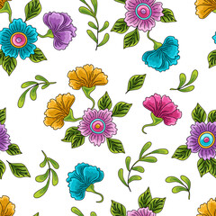 Adobe IlluWonderland floral seamless pattern. Bright colored flowers and leaves. daisies, buttercups, marigold sand others. Texture for fabric, wallpaper, printstrator Artwork - 758981381