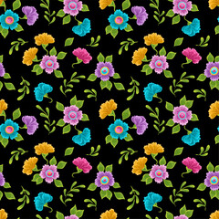 Adobe IlluWonderland floral seamless pattern. Bright colored flowers and leaves. daisies, buttercups, marigold sand others. Texture for fabric, wallpaper, printstrator Artwork