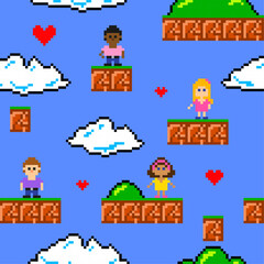 Valentine's day. heterosexual couple, gay couple, and bisexual couple in style of 8-bit game. Pixel art seamless pattern . Texture for fabric, wrapping, wallpaper. Decorative print - 758981517
