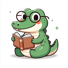cute crocodile reading book cartoon vector