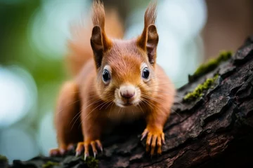 Foto op Canvas A squirrel perched on a tree branch, holding a walnut and looking surprised. © Наталья Бойко