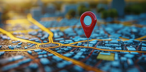 Red Location Pin on City Map at Golden Hour
