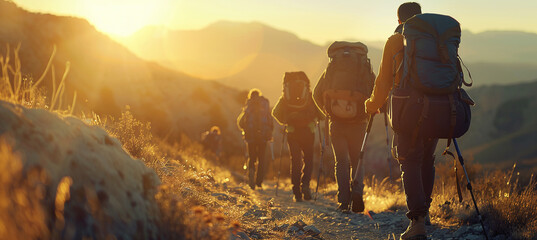 A group of friends are traveling along a mountain trail, enjoying an outdoor activity with their backpacks and travel bags. - obrazy, fototapety, plakaty