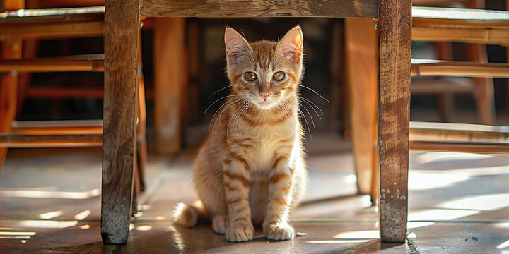 Cute orange and white cat sits under the table in front of wooden chairs