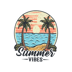 Summer vibes retro t shirt design illustration, vector. vintage t shirt design, typography print t shirt, beach illustration.