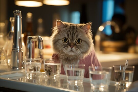Show a cat drinking water from a faucet in a well lit kitchen.
