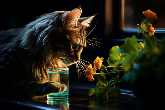 Show a cat drinking water from a faucet in a well lit kitchen.