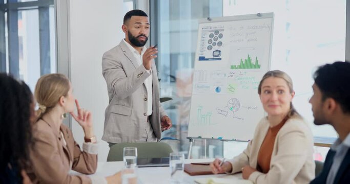 Meeting, presentation and business people in office with chart, graph and financial statistics in office. Teamwork, corporate and men and women in discussion for research, planning and project review