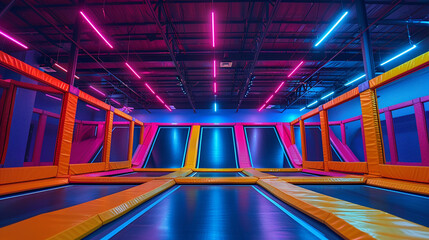 Picture a dynamic scene at a trampoline center, where energetic individuals of all ages leap and flip against a backdrop of bright, neon-colored trampolines. The atmosphere is fill