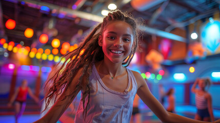 Obraz premium Picture a dynamic scene at a trampoline center, where energetic individuals of all ages leap and flip against a backdrop of bright, neon-colored trampolines. The atmosphere is fill