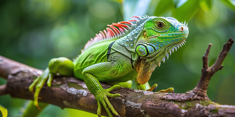 Naklejka na ściany i meble green iguana on a branch