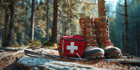 First aid kit and hiking boots in the forest - obrazy, fototapety, plakaty