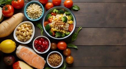 a variety of nutritious eating items. top view. Allow room for your text. Dive into a Diverse Selection of Nutrient-Rich Foods, Explore a Bounty of Healthy Eating Options,