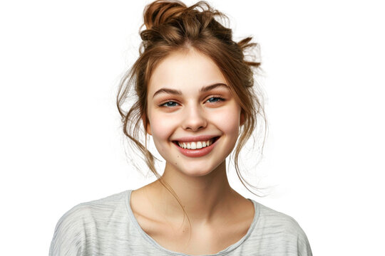 Studio portrait of a beautiful young woman with an attractive smile wearing casual outfits looking at camera, isolated on transparent png background.