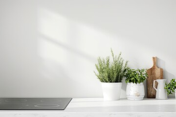 White minimal kitchen and bundles of green rosemary
