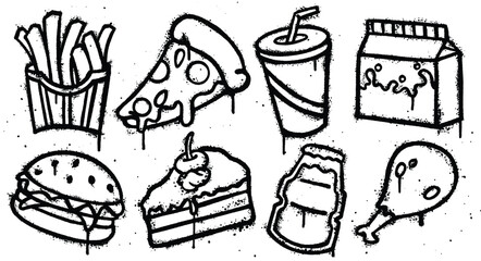 Set of graffiti spray paint Fast Food elements Illustration © Setitikcartoon