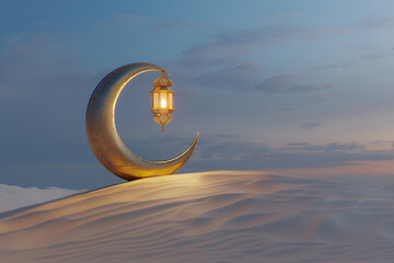 Moon and Arabic lantern on desert dunes, Ramadan