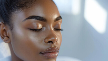 Eyebrow shaping. Eyebrows correction and brow design. Beautiful African American woman face closeup in beauty treatments salon. Beauty makeover facecare rituals. Eyelash extensions. Banner