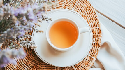 Warm tea with lavender: A soothing cup of tea rests on a woven mat, surrounded by delicate lavender...