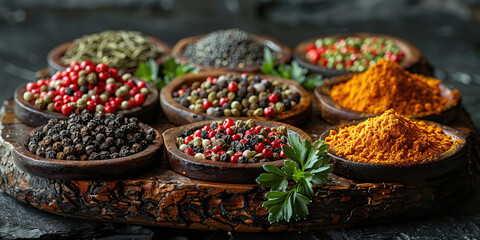 Spices and herbs in a bowl. Closeup shot. Created with Ai