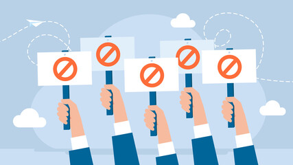 Business people are holding placards. Fist and placard. Rally. Hands holding protest banners. Crowd of protesters people. People with banners. Concept of revolution or protest. Flat illustration