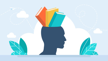 Head silhouette with stack of books inside. Open male head with books inside. Knowledge store in memory symbol. Learning conceptual sign. Education. Book. Dictionary brain. Flat illustration