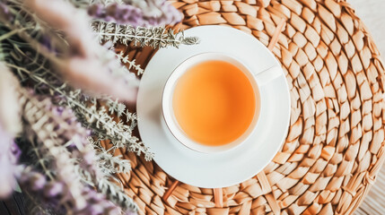 Warm tea with lavender: A soothing cup of tea rests on a woven mat, surrounded by delicate lavender flowers. Ideal for wellness and relaxation imagery.