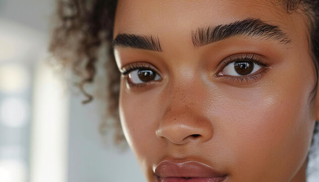 Eyebrow shaping. Eyebrows correction and brow design. Beautiful African American woman face closeup in beauty treatments salon. Beauty makeover facecare rituals. Eyelash extensions. Banner