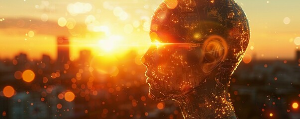 Artificial intelligence entity, digital world, pondering ethical choices in a hyper-realistic virtual utopia 3D Render, Golden Hour, Lens Flare