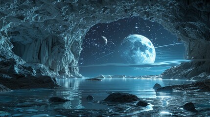 Celestial Cavern, Moonstone Glow, Mystical underground cave adorned with glowing moonstones, reflecting a sky full of planets and shooting stars 3D render, Silhouette lighting, Vignette - obrazy, fototapety, plakaty
