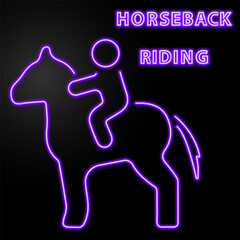 horseback riding neon sign, modern glowing banner design, colorful modern design trend on black background. Vector illustration.
