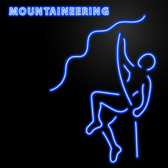 mountaineering neon sign, modern glowing banner design, colorful modern design trend on black background. Vector illustration.