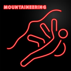 mountaineering neon sign, modern glowing banner design, colorful modern design trend on black background. Vector illustration.