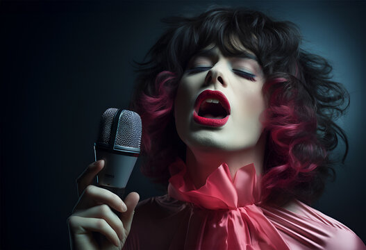 Funny photo of a man dressed as a frumpy female singer. Isolated on white.