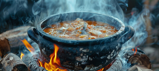 fish soup is cooked in a cauldron over a fire on a camping trip in nature