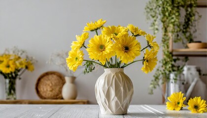 home interior with yellow flowers in a vase on a light background for product display - 11