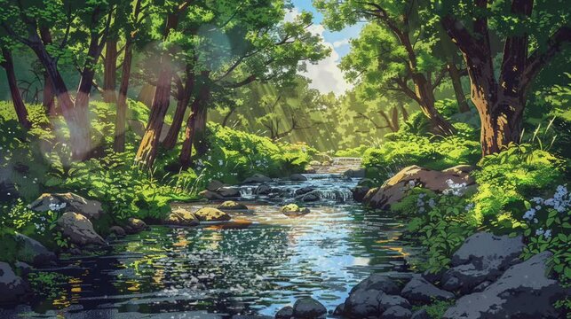 Flowing water river in the middle of the rainforest. Cartoon painting illustration style. Seamless looping animated. Generative AI